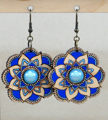 Blue and natural maple Wood Flower Mandala earrings