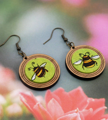 Bees on green background fabric Wood earrings