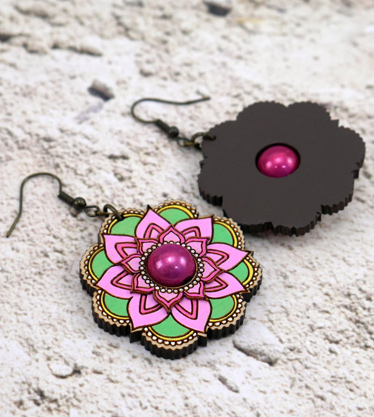 Green and pink wooden flower mandala earrings  with front and back view