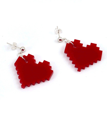 Red 8-bit heart acrylic earrings with ball posts
