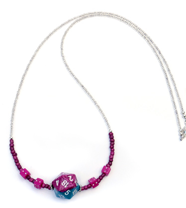 Maroon and teal color beaded dice necklace